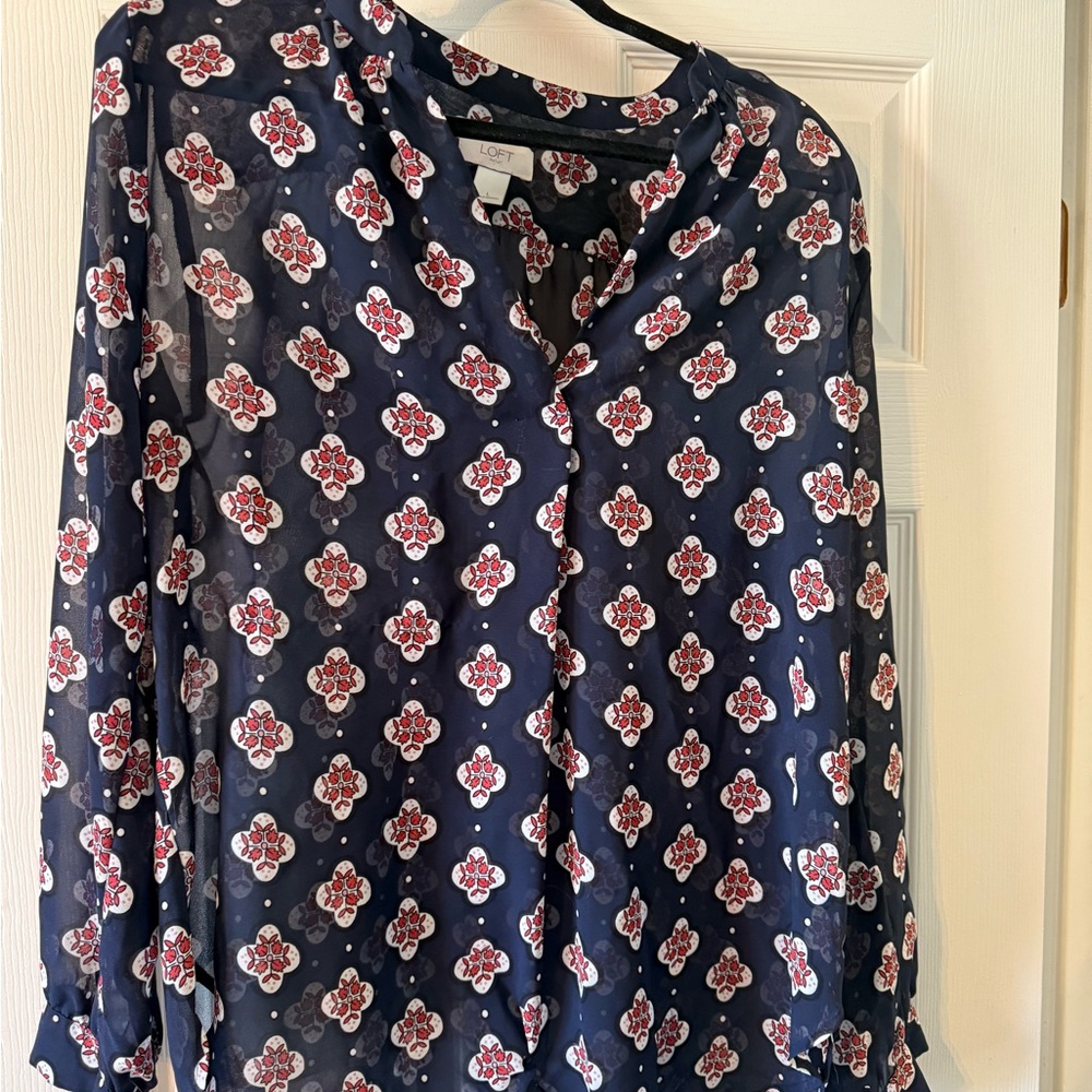 LOFT Navy and Red Floral Blouse